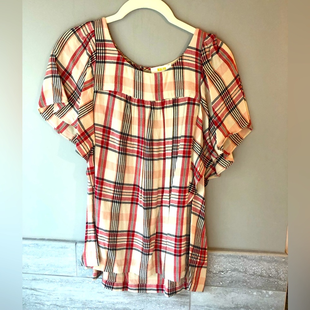 Mauve Pink & Red Plaid Flutter sleeve top